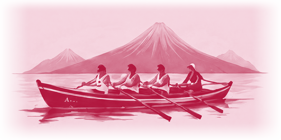 Ilustração de uma tripulação feminina a remar num bote baleeiro, com o Pico ao fundo